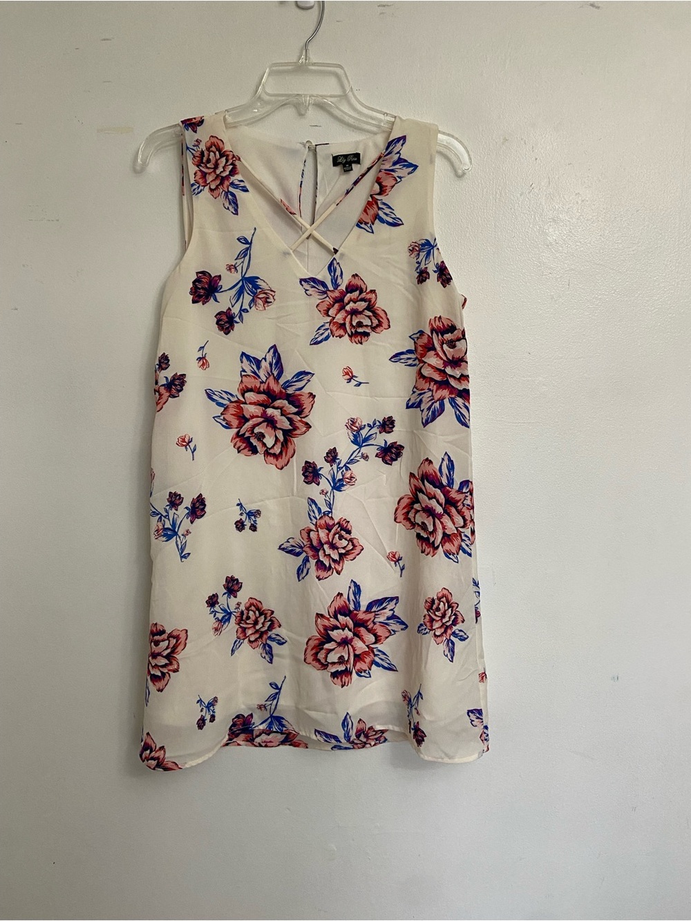Sleeveless A-line mini shift Dress Cream Bold Pink Rose floral print feminine